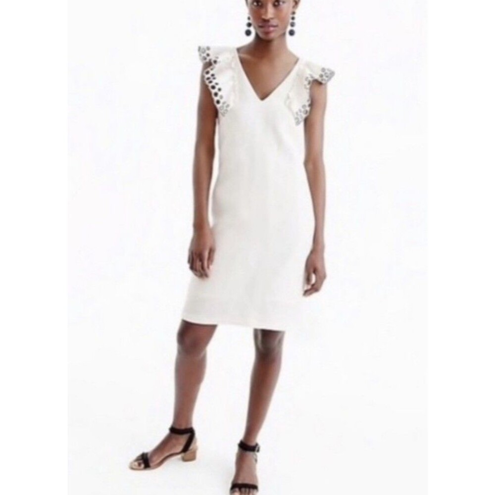 J.Crew Collection Linen Blend Shift Dress White Embroidered Ruffle Size 10 - Picture 2 of 10